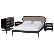 Baxton Studio Shirin Mid-Century Beige Fabric and Black Wood Queen 4-Piece Bedroom Set with Two nightstands